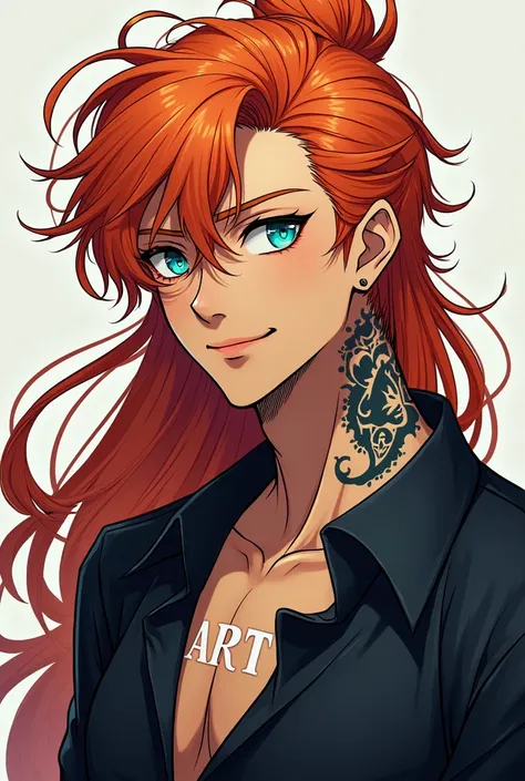 Anime of an oriental guy, 1,80metros, long copper colored hair, cyan eyes, smiling, with tribal tattoo on neck, wearing a black blouse, with the acronym ART and the color white in the shape of a wolf 