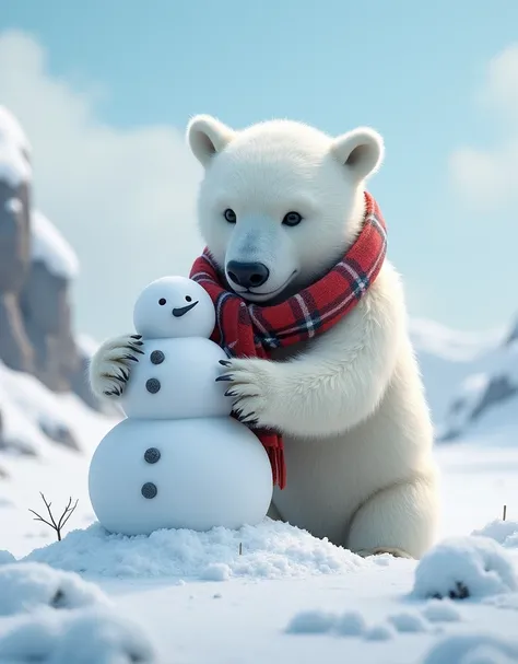 A polar bear with a scarf on building a snowman