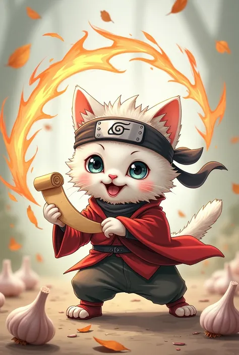 A cute white kitten with a big head dressed as Jiraiya、Rasengan Pose、Dynamic composition、Impressive screen、cool composition、Realistic、Jiraiya&#39;s Headband、A whirlwind of leaves swirling around、The atmosphere trembles、Garlic、Hold the scroll、Marking by han...