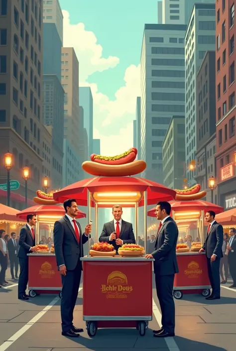 Businessmen with several hotdog carts

