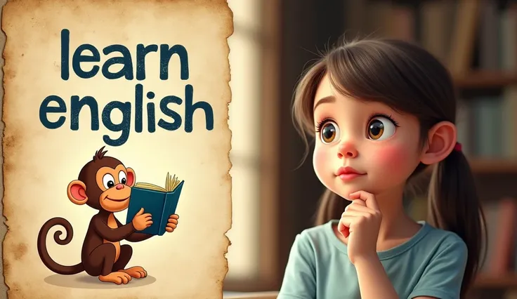 Create a YouTube thumbnail for an English learning channel with a vintage book page background. On the right side, place a thoughtful image of Shelby (girl). On the left side, add a cute cartoon monkey reading or holding a book, with a curious expression. ...