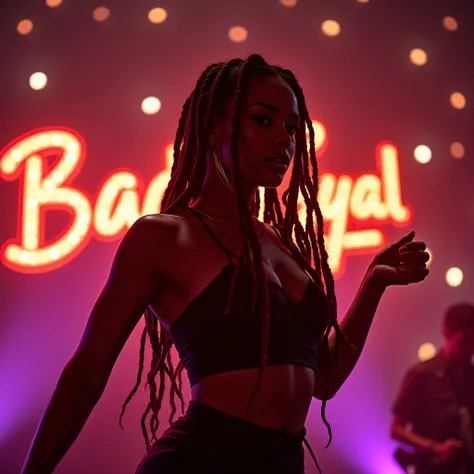 Beautiful sexy African or Jamaican brunette woman with braids or dreadlocks dancing and behind her a sign with LED lights with the word Bad Gyal and in front of the woman LED lights with the phrase MC Fractura /  as a Producer