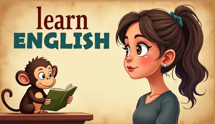 Create a YouTube thumbnail for an English learning channel with a vintage book page background. On the right side, place a thoughtful image of Shelby (girl). On the left side, add a cute cartoon monkey reading or holding a book, with a curious expression. ...