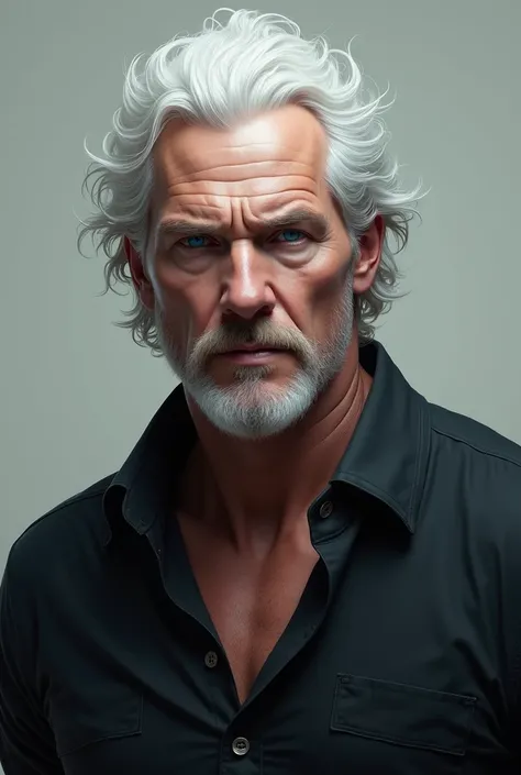 create a white haired man with blue eyes with a black shirt with an open mouth