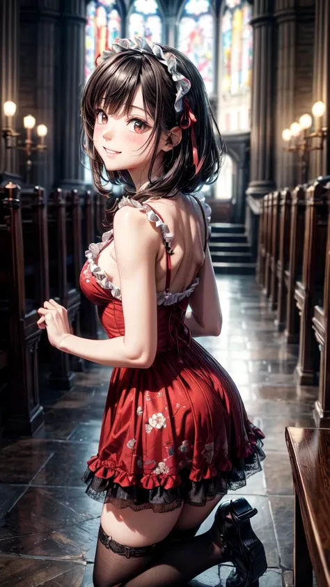 very cute and beautiful girl,(highly detailed beautiful face),(smile:1.2), blush, embarrassed, black hair, looking at the viewer,
(floral pattern red lolita dress with detailed frills),detailed lace,
kneeling,arms behind back,altar,church,indoors,
(best qu...