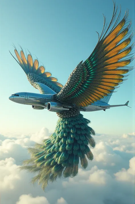 An extraordinary hybrid creature combining the sleek body of a Mostar airplane with the vibrant feathers and tail of a peacock. The body of the hybrid is aerodynamic like an aircraft, with wings resembling airplane wings adorned with intricate, iridescent ...