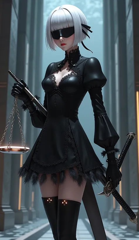 Character: 2B from Nier Automata as Lady of Justice. Hair: Short white bob-cut, covered partially by a black blindfold. Scales: Metallic, futuristic, glowing faintly, held in one hand. Sword: Japanese katana sword with perfect symmetry, glowing circuits al...