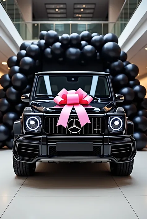 a luxurious black SUV, specifically a Mercedes-Benz G-Class, prominently displayed in a modern showroom. 



- **Vehicle:** The SUV has a sleek, polished black exterior with a bold design, showcasing its distinctive grille and aggressive stance. A large pi...