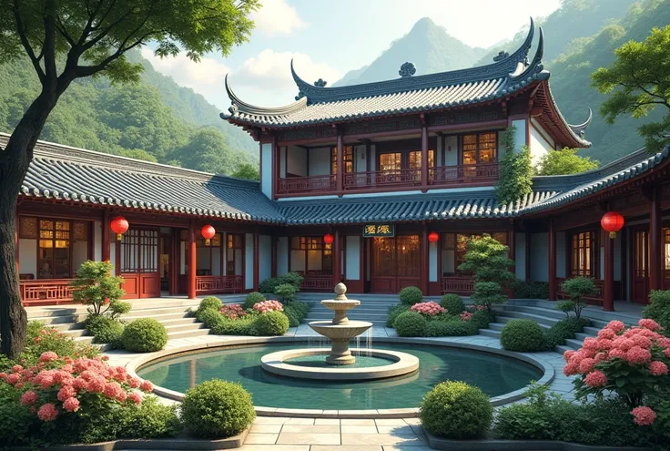 Three-story Chinese inn with fountain and large Chinese private rooms with flower garden.
