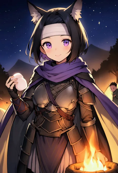 Chiyome、Black Hair、Animal Ears、Purple Eyes、Spiky Hair、Short Hair、、scarf、Cape、armor、Headband、Ninja、camp、Bonfire、tent、Stargazing、marshmallow、Deforestation、night、、Staring at the audience、smile、solo、、Cowboy Shot、Dutch Angle