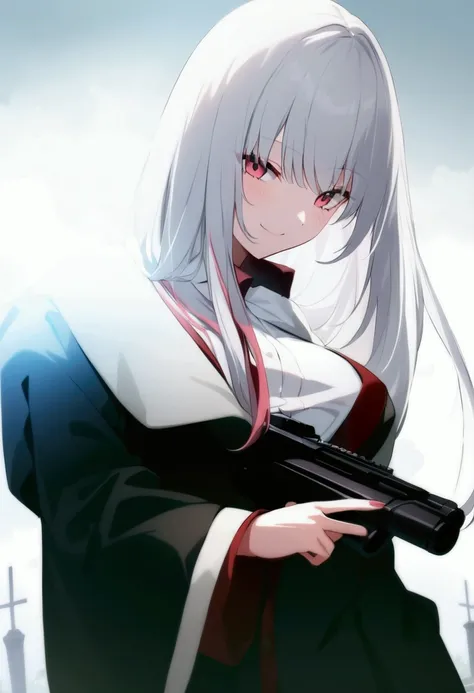 Anime girl,Long white hair,Look at the audience,Reddish pink eyes,Smile evilly,Wear office uniform,Holding a gun,The backdrop is a cemetery and fog.