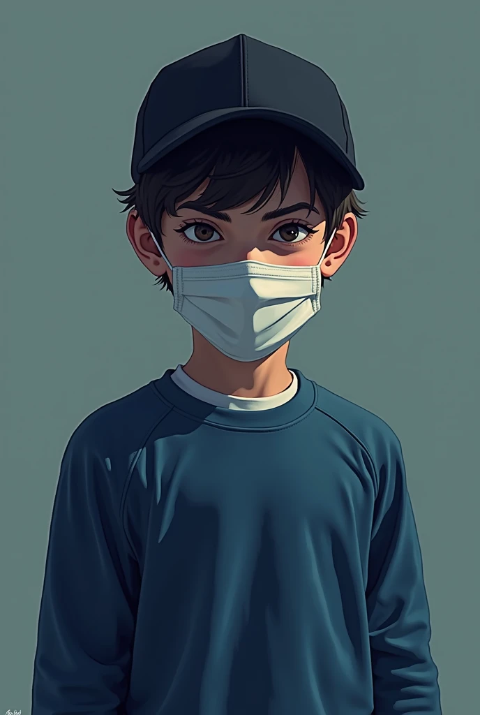 Boy with black cap, white mask , mysterious, blue long sleeve shirt, white shirt, speaking in pixel art
