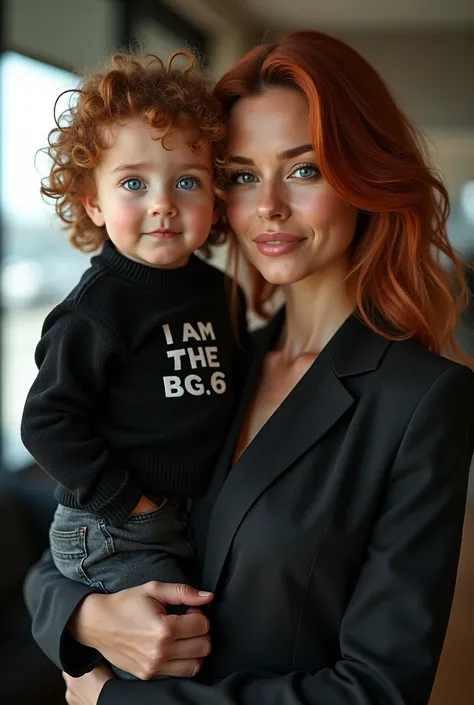 Sensual woman with copper hair and gray eyes dressed for the office with a baby with brown curly hair and gray eyes with a black sweater that says I am the bg.6