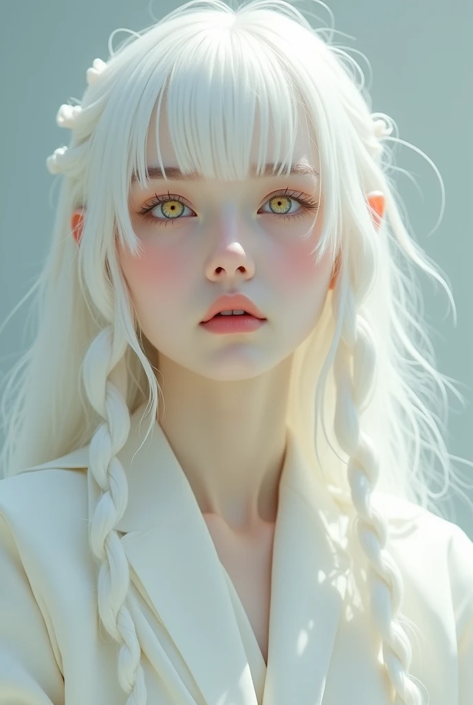 best quality, masterpiece,white hair, gold eyes,white clothes, looking up, upper body,hair strand,Fair skin,side braids