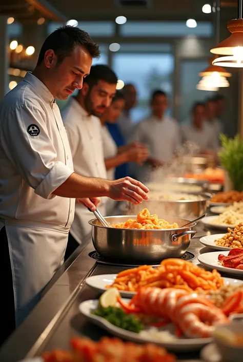 A chef prepares custom seafood dishes in a stainless steel vessel. For customers who watch it. This happens at a marine buffet. Where there are many plates full of seafood on a long table. Customers look at him in amazement