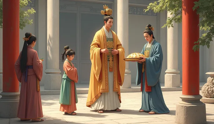 Illustration style，Tang Dynasty background。Prince Ning is wearing gorgeous Tang Dynasty costumes，Wearing a crown on the head，Appearing majestic and confident，Standing in a luxurious courtyard。The servant holds a beautiful gift in his hands，Respectfully han...