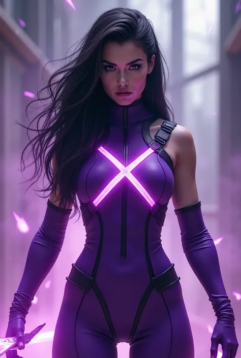 Psylocke, an assassin  X-Men member, wear purple X-men uniform with x-men symbol, so tight leather uniform, carry purple plasma blade, straight detail long hair, so beautiful, perfect face, perfect body, behind a million girl villain in white