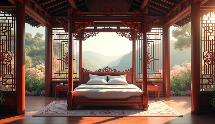 Chinese bedroom with four-poster bed with antique carved designs, partitions, and a table. Outside the room is a pavilion with a view of a flower garden.
