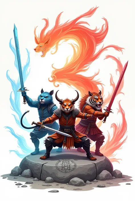 A digital illustration of three stylized Chinese zodiac warriors: a rat, an ox, and a tiger, each holding long sharp swords and wearing asian conical hat. They are dynamically posed against a soft rounded white background. Blue and red light forming a “3” ...