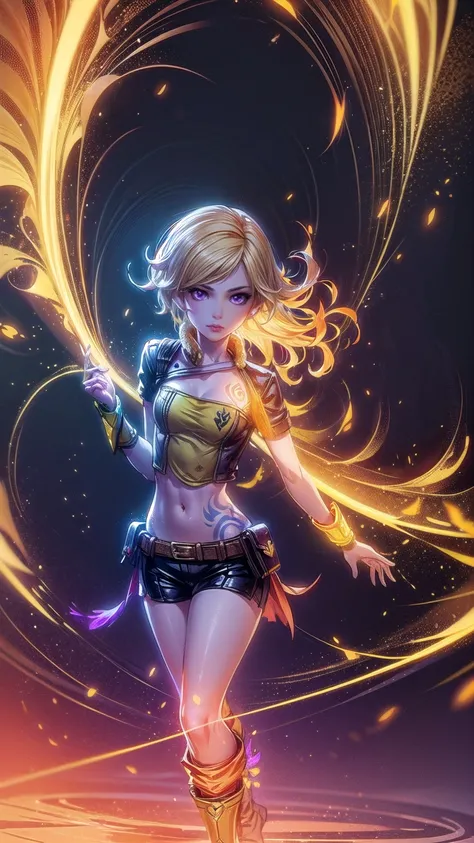 1girl, 1girl, combining elements of Yang Xiao Long from "RWBY" and Lilith from "Borderlands", beautiful detailed eyes, beautiful detailed lips, extremely detailed face and portrait, long eyelashes, flowing golden hair, lilac/violet eyes, crop top, short sh...