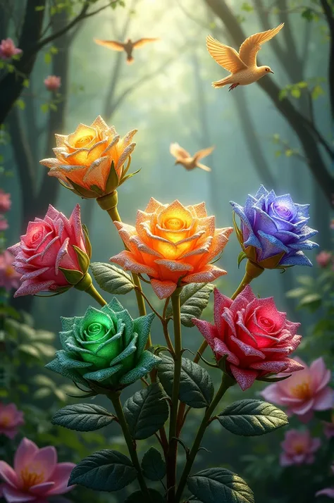 Beautiful beautiful roses made of diamonds ,Emeralds,Rubies,Sapphires,in a magical forest with golden birds