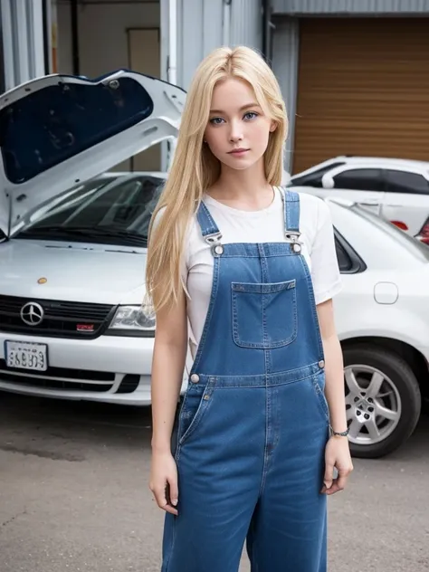 Blonde, blue-eyed, long-haired woman、Age: 20、She is wearing blue underwear、He is wearing his overalls for car repairs with only the upper half removed.、He has a wrench in his hand。Highest quality、Full body photo。