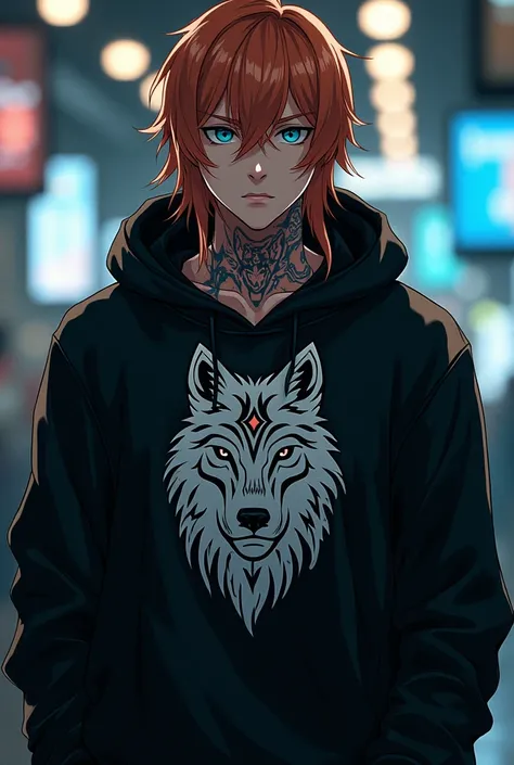 Anime of an oriental guy, 1,80metros, long copper colored hair, cyan eyes, confident expression, with tribal wolf tattoo on neck, wearing a black blouse, long sleeved and hooded, with the acronym ART and the color white in a cyberpunk style wolf shape