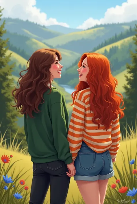 woman with long wavy brown hair in a green sweatshirt, black jeans, with her redheaded friend with big wavy hair also wearing an orange and white striped blouse and denim shorts, laughing and looking at a beautiful place