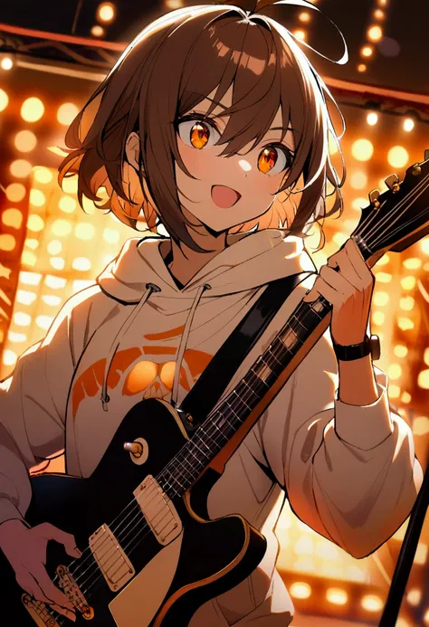 1 boy, amber eyes, brown hair, white sweatshirt, carries a black guitar, is illuminated by orange lights, a black microphone