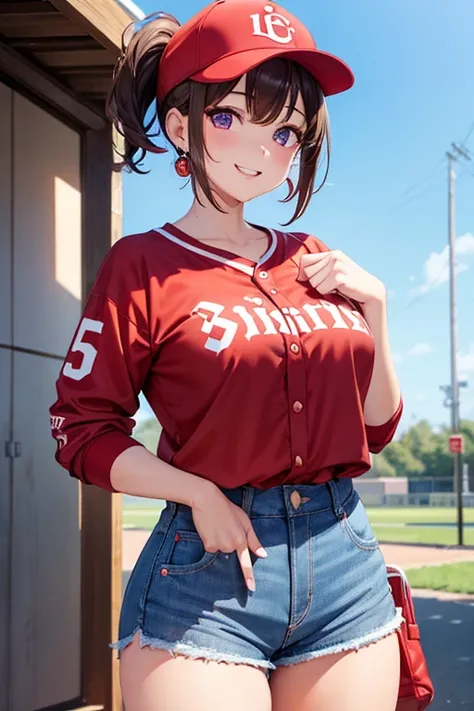 brown_hair, Sideburns, Short Bob,ponytail,Red baseball uniform,CARP logo on chest,Purple eyes, Light blue denim hot pants,Bright Eyes, smile, One girl,High school girl,Earrings,