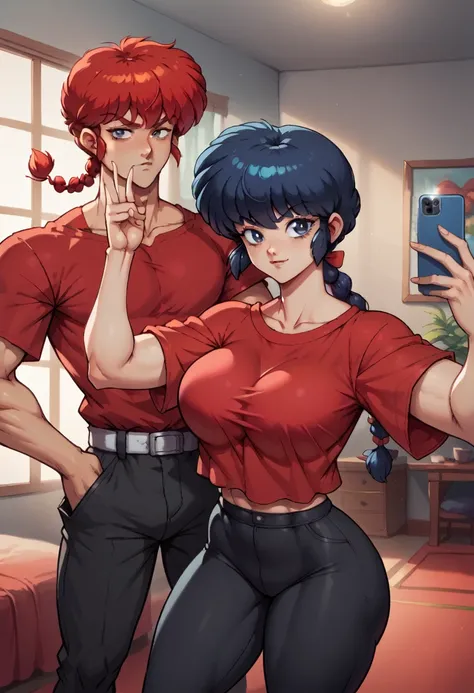 ((Ranma Chan, redhead, large breast, big ass, thick thighs, wide hips))(a couple selfie)((Ranma Saotome, male, handsome, abs, black pants, red shirt, black hair))(ranma girl and ranma male)