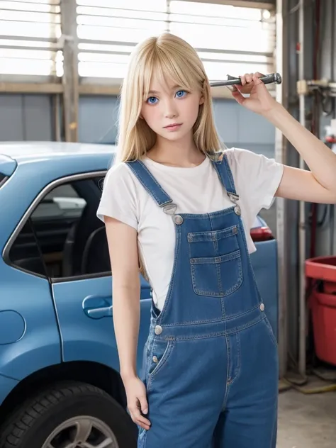 Blonde, blue-eyed, long-haired woman、Age: 20、She is wearing blue underwear、He is also wearing overalls for car repairs, but only his upper body is exposed.、She has a wrench in her hand。