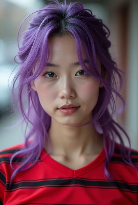 An image of a beautiful Asian girl with purple dyed hair wearing a red and black horizontally striped soccer jersey