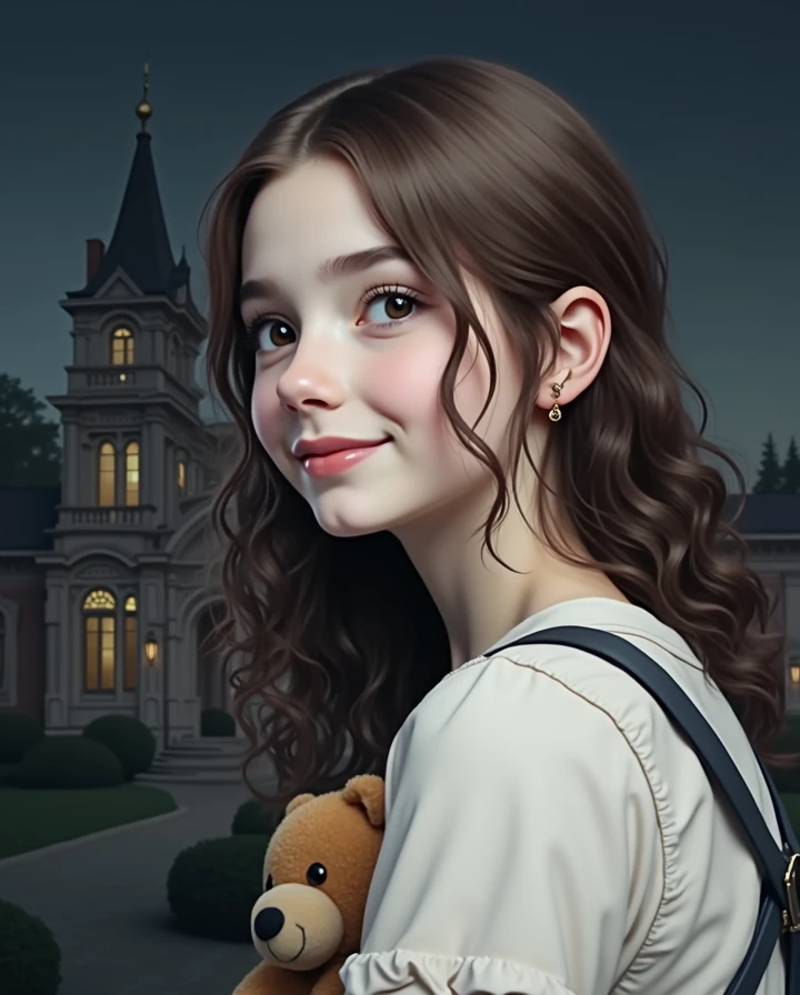 Draw a girl about , holding a teddy bear, taking a photo with a mansion in the background, long curly hair, a little younger.