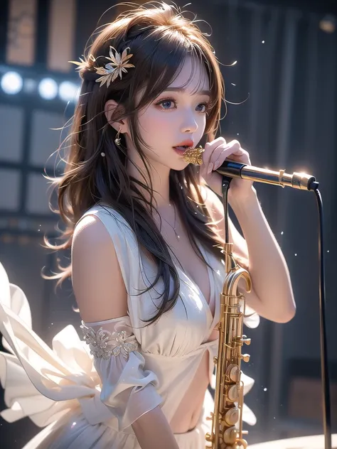 A beautiful and charming girl on the stage of a live music club, playing the saxophone with jazz technique and swinging her wet body widely, with an enchanting expression, she puts her mouth on the saxophone and swings her head and body back to the rhythm,...