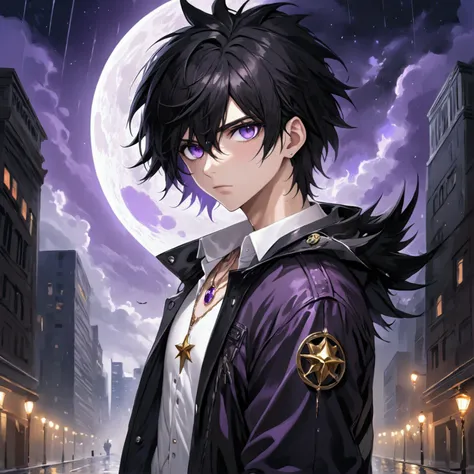 (best quality,8k,highres,masterpiece:1.2),ultra-detailed,(realistic,photorealistic,photo-realistic:1.37), ((high quality)), ((8K Ultra HD)), ((masterpiece)), purple eyes, 1male, black jacket, white shirt, black Jeans, purple star necklace, Anatomical corre...