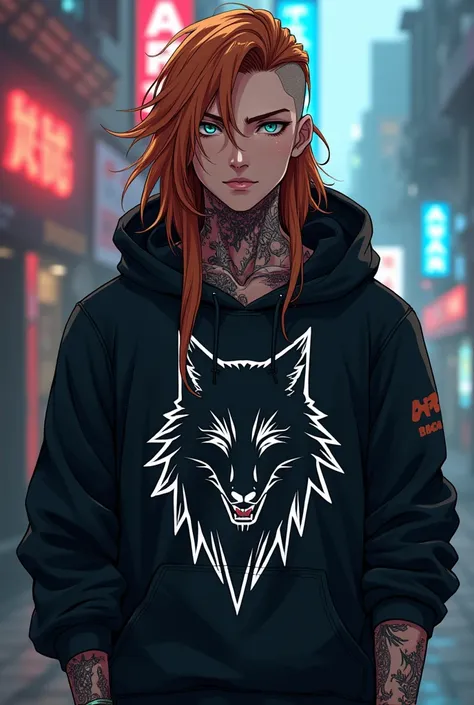 Anime of an oriental guy, 1,80metros, long copper colored hair and shaved side of head, cyan eyes, confident expression, with tribal wolf tattoo on neck, wearing a black blouse, long sleeved and hooded, with the acronym ART and the color white in a cyberpu...