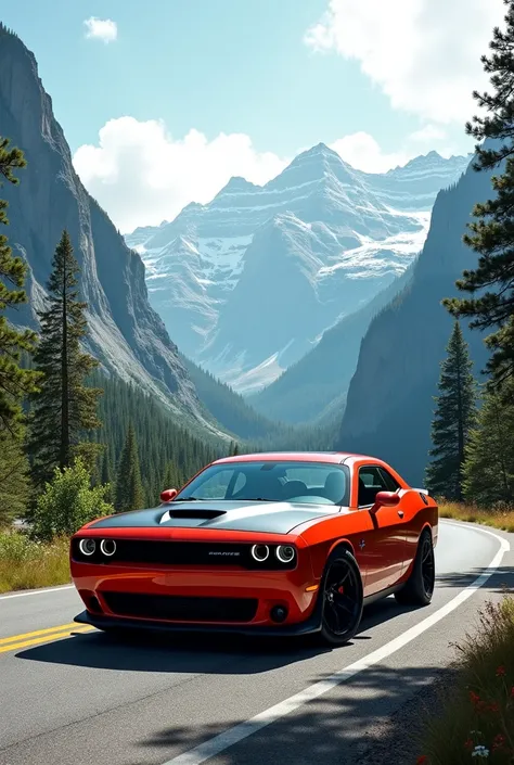 I wanted the Challenger car photo for my PC wallpaper,  the car in mountain of natural beauties two side trees of a road , with big frame, 