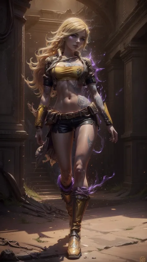 1girl, combining elements of Yang Xiao Long from "RWBY" and Lilith from "Borderlands", beautiful detailed eyes, beautiful detailed lips, extremely detailed face and portrait, long eyelashes, flowing golden hair, lilac/violet eyes, crop top, short shorts, w...