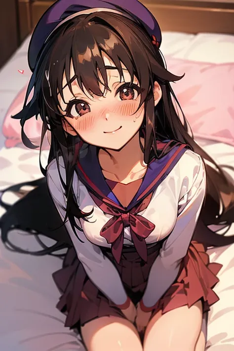 “(((Megumi Kato))),((saekano)),((long hair)),High resolution, Blushing,Beret,smile, Best Quality, nsfw,chest,orgasm,cute,small, beautiful detailed eyes,Looking up、On the bed、