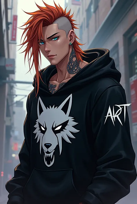 Anime of an oriental guy, 1,80metros, long copper colored hair and shaved side of head, cyan eyes, confident expression, with tribal wolf tattoo on neck, wearing a black blouse, long sleeved and hooded, with the acronym ART and the color white in a cyberpu...