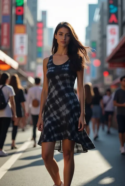 high quality, 8k Ultra HD, Stunning photo of a curvy woman, black haired looking at the camera, wearing a deep black tie-dye dress,wearing newbalance white shoes standing in the crowd (crowd) afternoon ,set in tokyo japan bokeh effect 