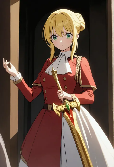 An anime girl with yellow hair tied up, light green eyes, and a red academy uniform. She is about  and has a golden sword in her hand.