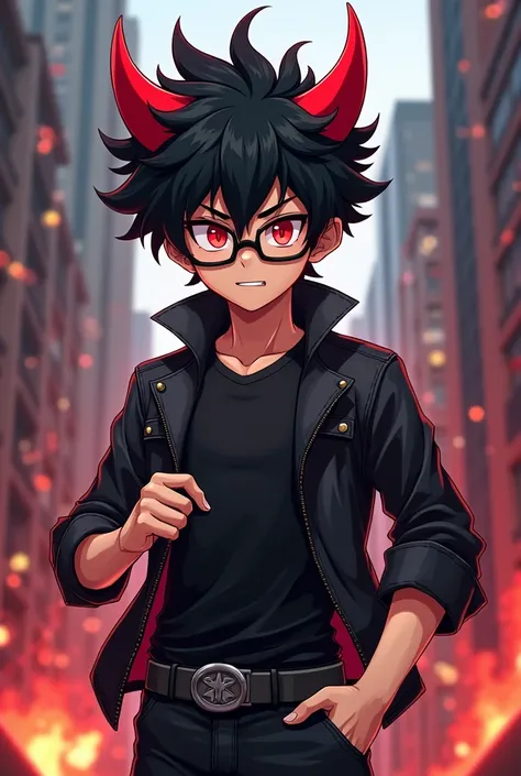 Oc anime boy, black hair, red horns, red eyes, black fitted shirt, large pectorals , small leather jacket, thick thighs, nightmare, glasses, cartoon boku no hero academia, thick thighs, short stature, Full body image, sassy Girl 