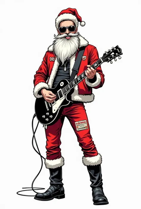 (vector illustration, vector style, style of Neal Adams:1.4)), (black and white and red),(black inking, flat colours:1.5), mad psychobilly Elvis dressed as evil Santa Claus, full lenght, mad smile, holding a guitar, badass pose, (dressed in red psychobilly...