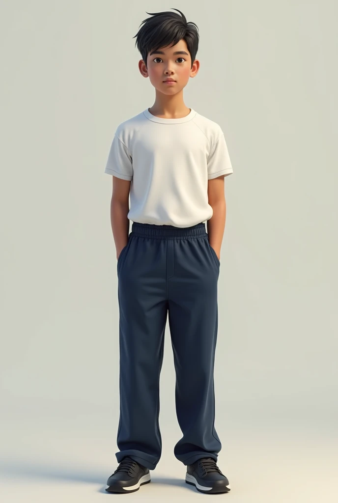 "A Nicaraguan male high school student, 15 years ,dressed in a physical education uniform. He is wearing a white t-shirt, Lisa, no buttons or logos. The pants are dark blue, more sporty, Comfortable fabric for physical activities. Wear black sneakers inste...