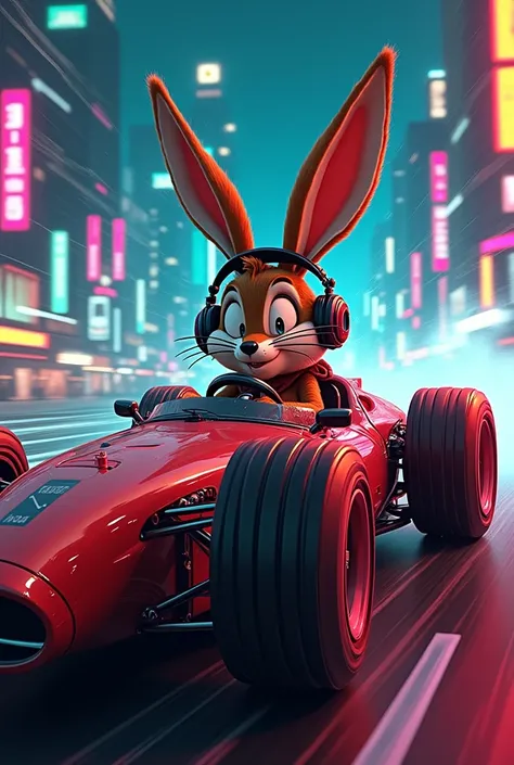 Make wile image and. Coyote in cyberpunk style wearing headphones and driving a racing car