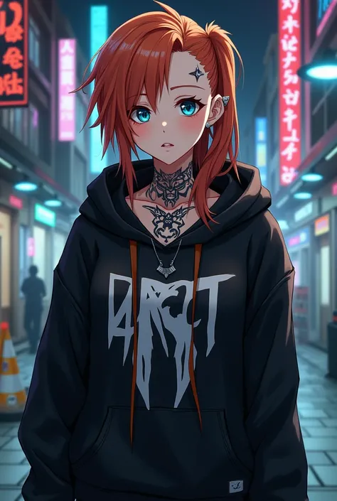 Anime of an oriental guy, 1,80metros, long copper colored hair and shaved side of head, cyan eyes, confident expression, with tribal wolf tattoo on neck, wearing a black blouse, long sleeved and hooded, with the acronym ART and the color white in the shape...