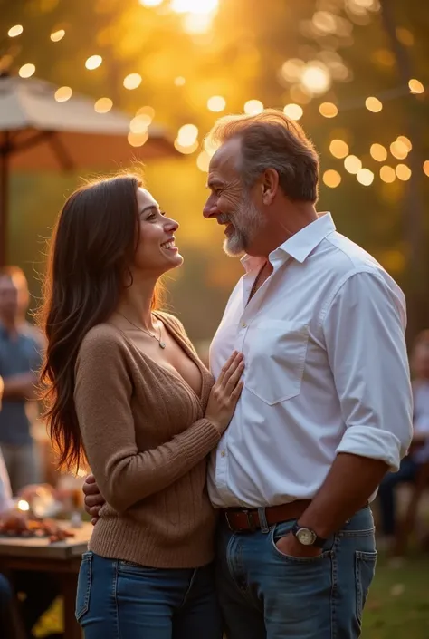 A photo of a beautiful young 2 brunette standing close to a handsome older spanish man at a fall bbq outdoor party. They are both smiling at the camera. The brunette has beautiful dark blue eyes, light brown hair parted to the side, and is wearing a sweate...