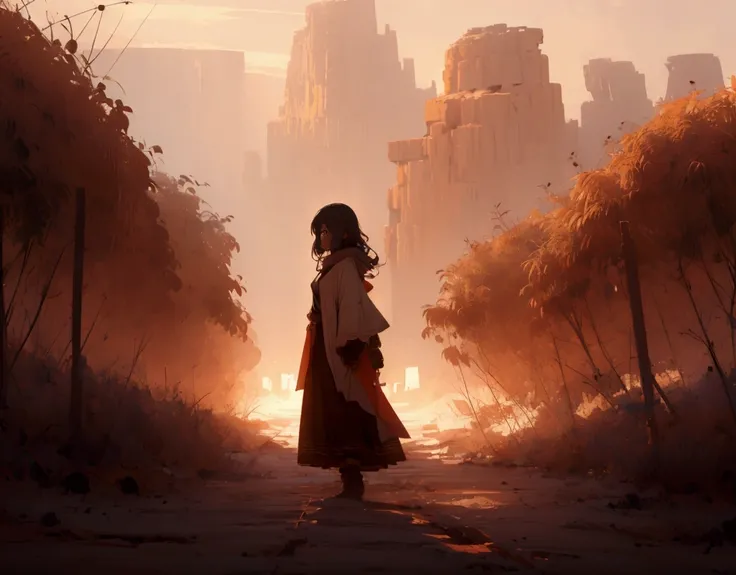 a beautiful cute girl wandering in the desert, extremely wide field of view, official art, best quality, masterpiece, 8k, ultra-detailed, dramatic lighting, glowing warm colors, dramatic atmosphere, volumetric fog, epic sandstorm, sweeping cinematic compos...